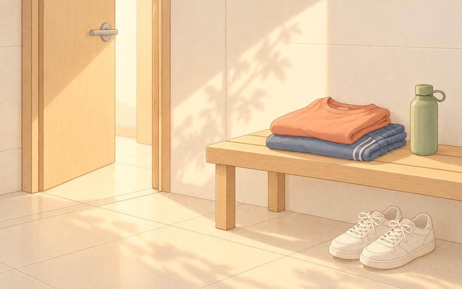 更衣室の前のベンチに、たたんだTシャツとジャージが置かれ、そばにスニーカーと水筒が並んでいるイラスト