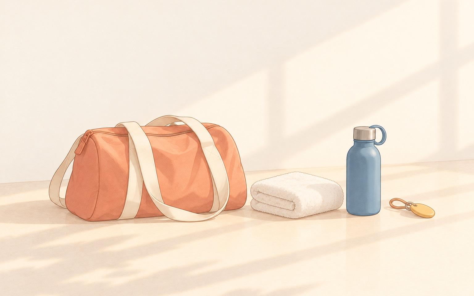 朝の光のなか、小さなバッグのそばにタオルと水筒とキーホルダー型の鍵が並べて置かれているイラスト