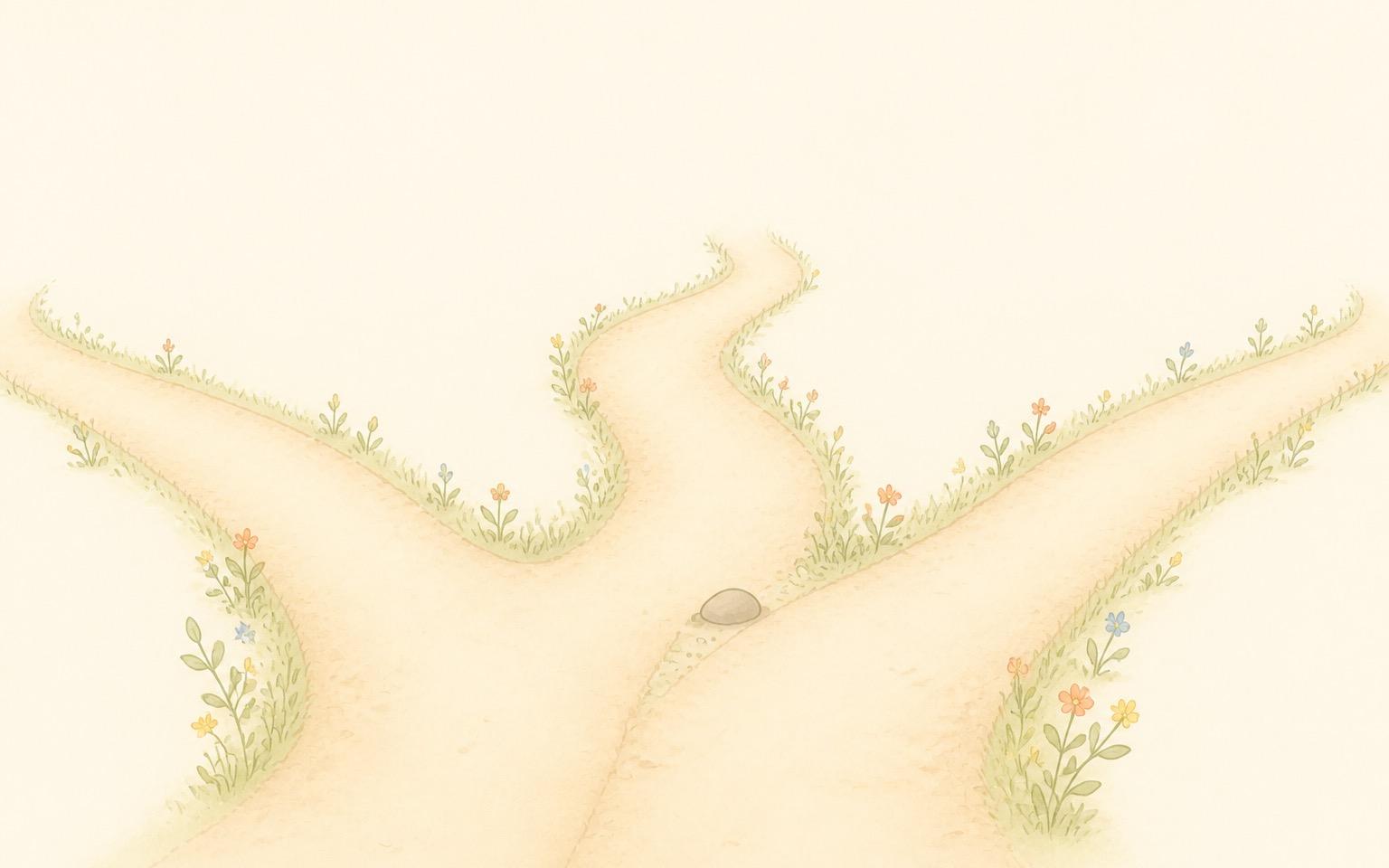 朝の光の中で小道が三つのゆるやかな道に分かれ、どの道のわきにも小さな芽と花が育っているイラスト
