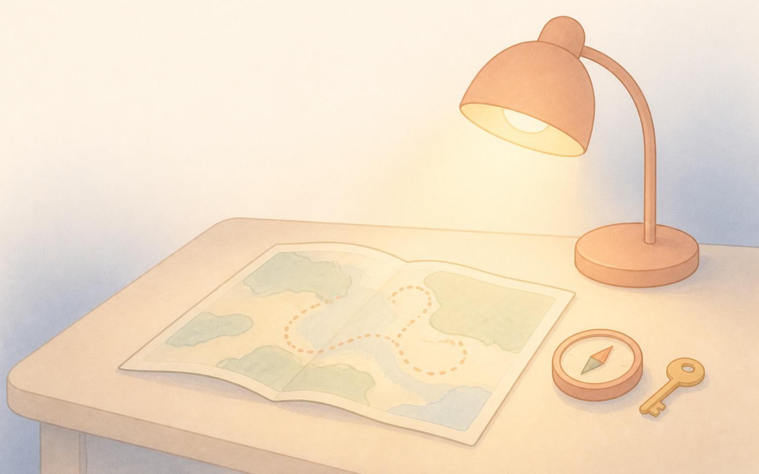 夜の静かな部屋で、スタンドライトに照らされた机の上に、開いた地図とコンパス、鍵が置かれているイラスト