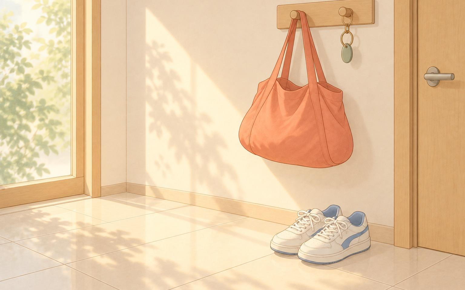 玄関の壁の木のフックに掛けられたトートバッグと小さな鍵、床にそろえて置かれたスニーカーに、窓からやわらかい朝の光がさすイラスト