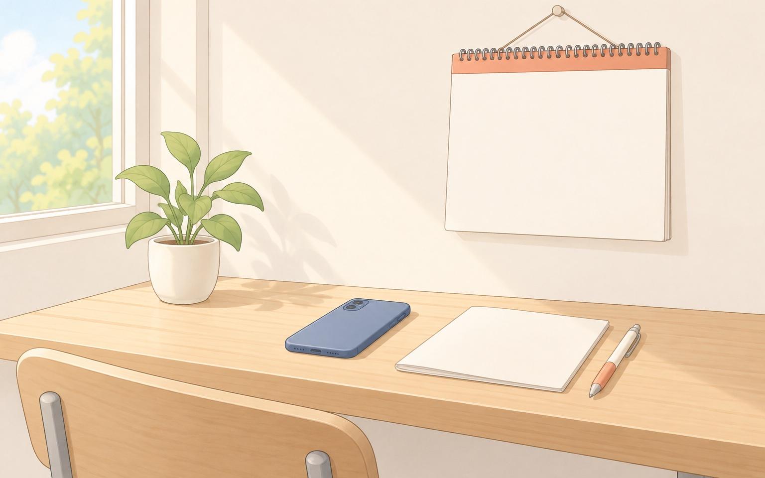 窓辺の木の机に、スマートフォンと白紙の書類、ペン、鉢植えが並び、壁に何も書かれていないカレンダーが掛かるイラスト