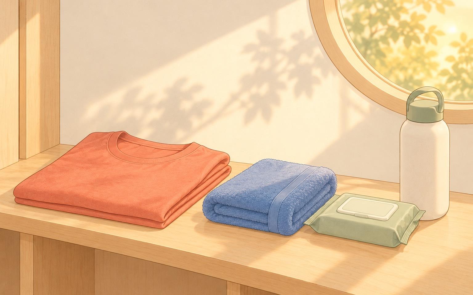 更衣室の棚に置かれた、たたんだ替えのTシャツと汗拭きシートとハンドタオルに、窓から夕方の光が差し込むイラスト