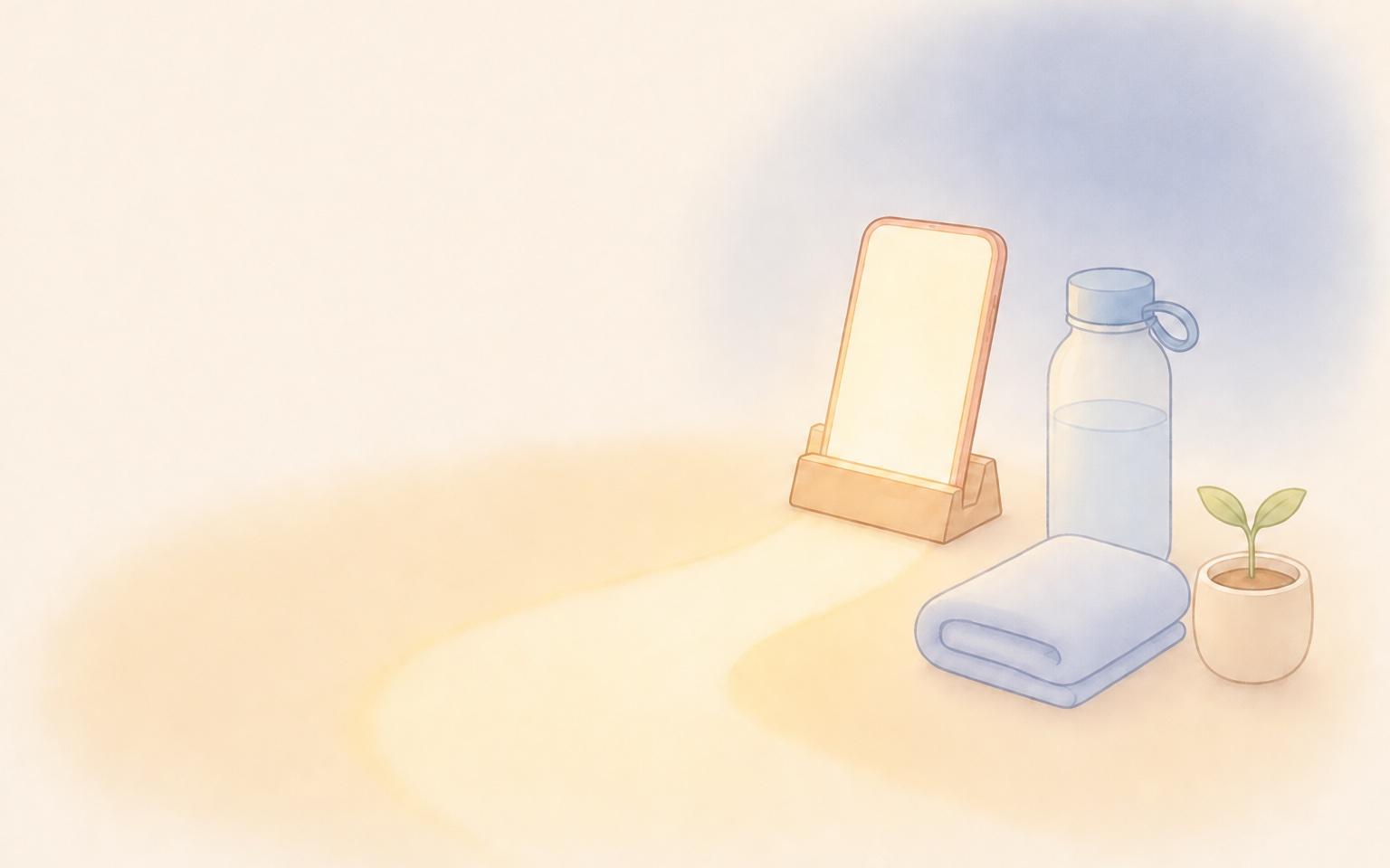 夜の静かな部屋で、木のスタンドに置かれたスマートフォンからやわらかい光の道が床にのび、そばに水筒とタオルが置かれているイラスト