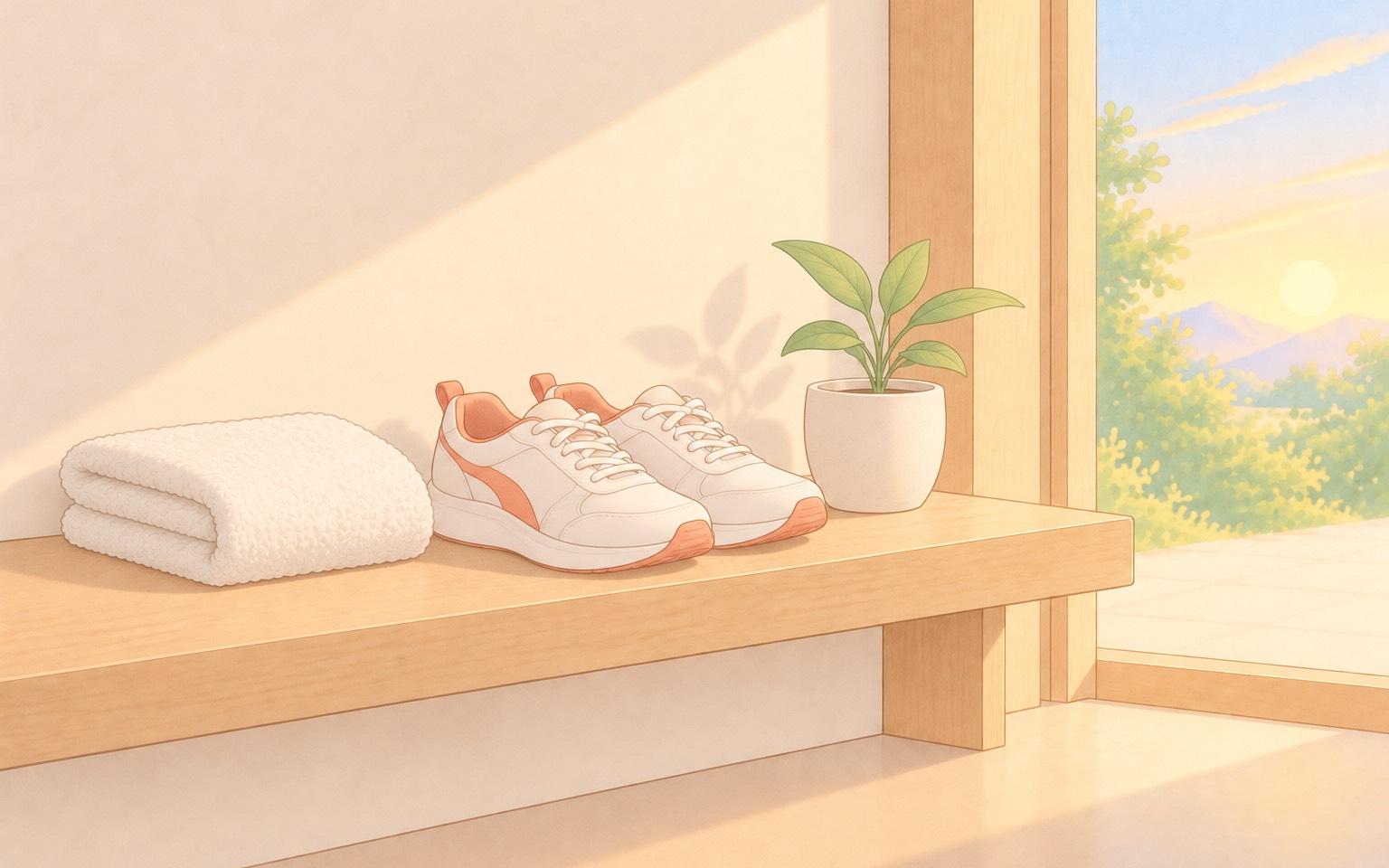 窓辺の棚にしまわれたトレーニングシューズとたたんだタオル、そばで育つ鉢植えの芽に、やわらかな朝の光が差しているイラスト