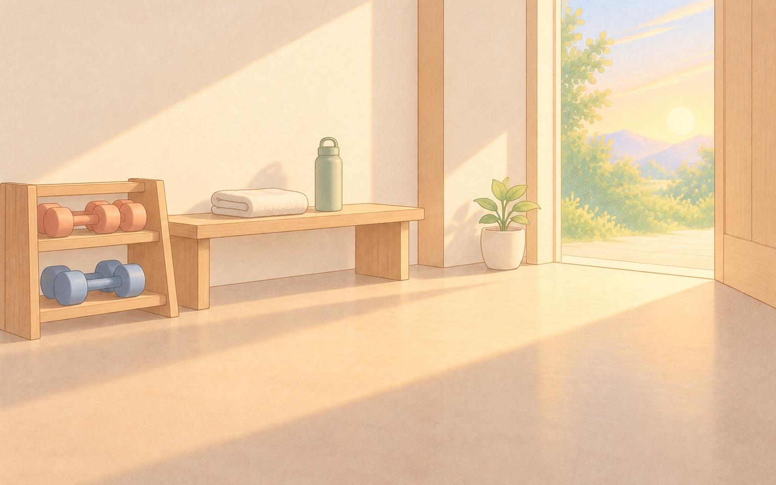 静かなジムの一角で、木のラックに戻された小さなダンベルと、ベンチにたたんだタオルと水筒、開いた扉から床にのびるやわらかな光のイラスト