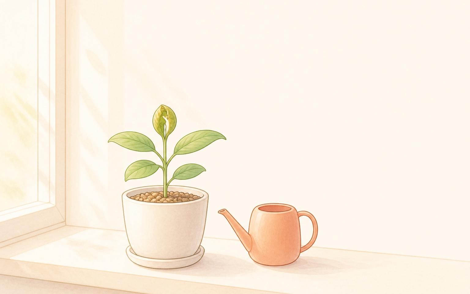 窓辺の鉢植えで新しい葉がひらきはじめ、そばに小さなじょうろが置かれ、朝のやわらかい光が差しているイラスト