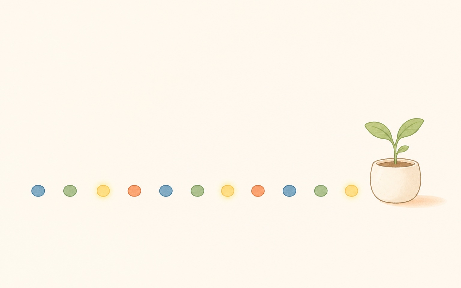 やわらかい光の中、等間隔にゆるやかに並ぶ小さな丸い点のいくつかが温かく灯り、そばで鉢植えの芽が育っているイラスト