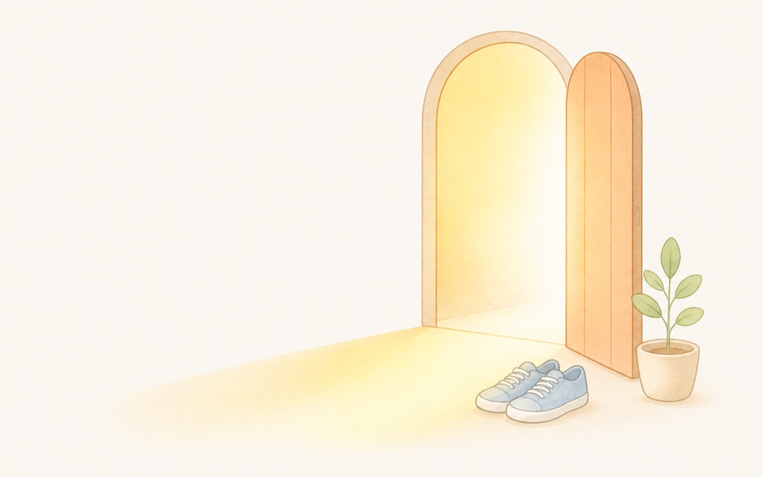 やわらかい光がさす開いた扉のそばに、スニーカーと鉢植えの芽が置かれているイラスト