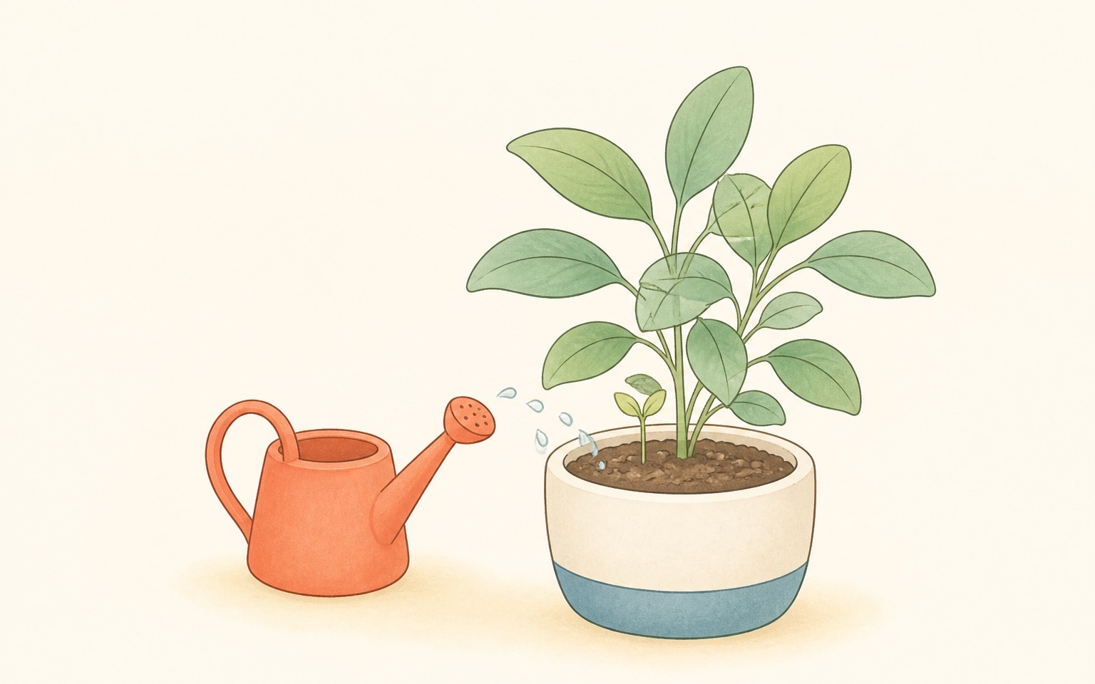 やわらかい朝の光の中、コーラル色の小さなじょうろから水滴がゆっくり落ち、そばで新しい葉を伸ばした鉢植えの植物が育っているイラスト