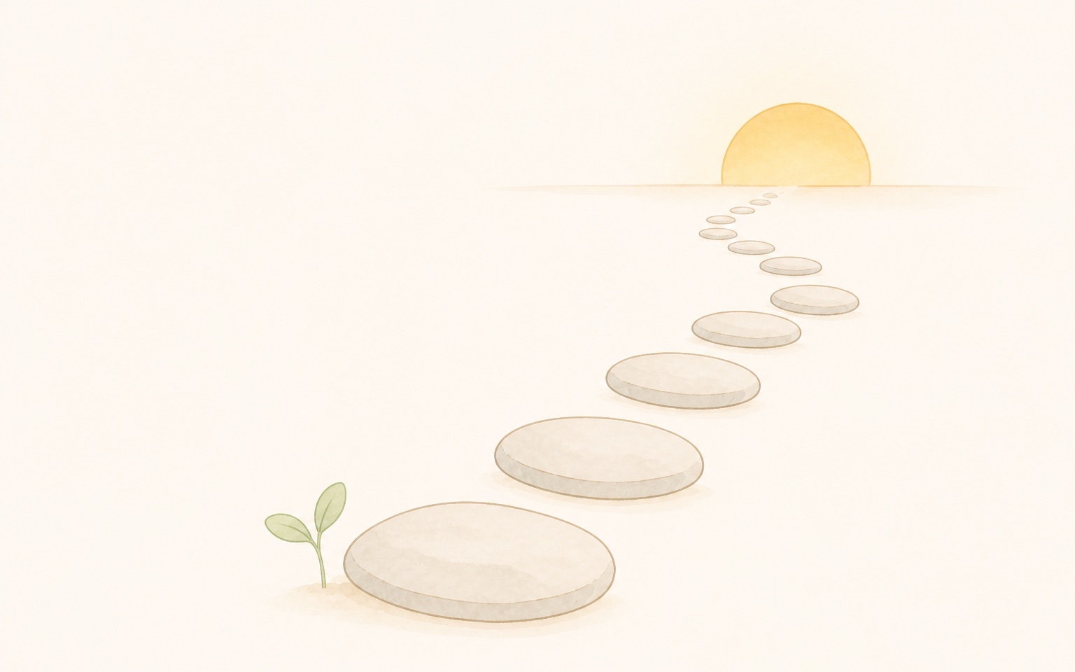 間隔をあけて並ぶ飛び石の道が朝日へ続き、そばに小さな芽が育っているイラスト