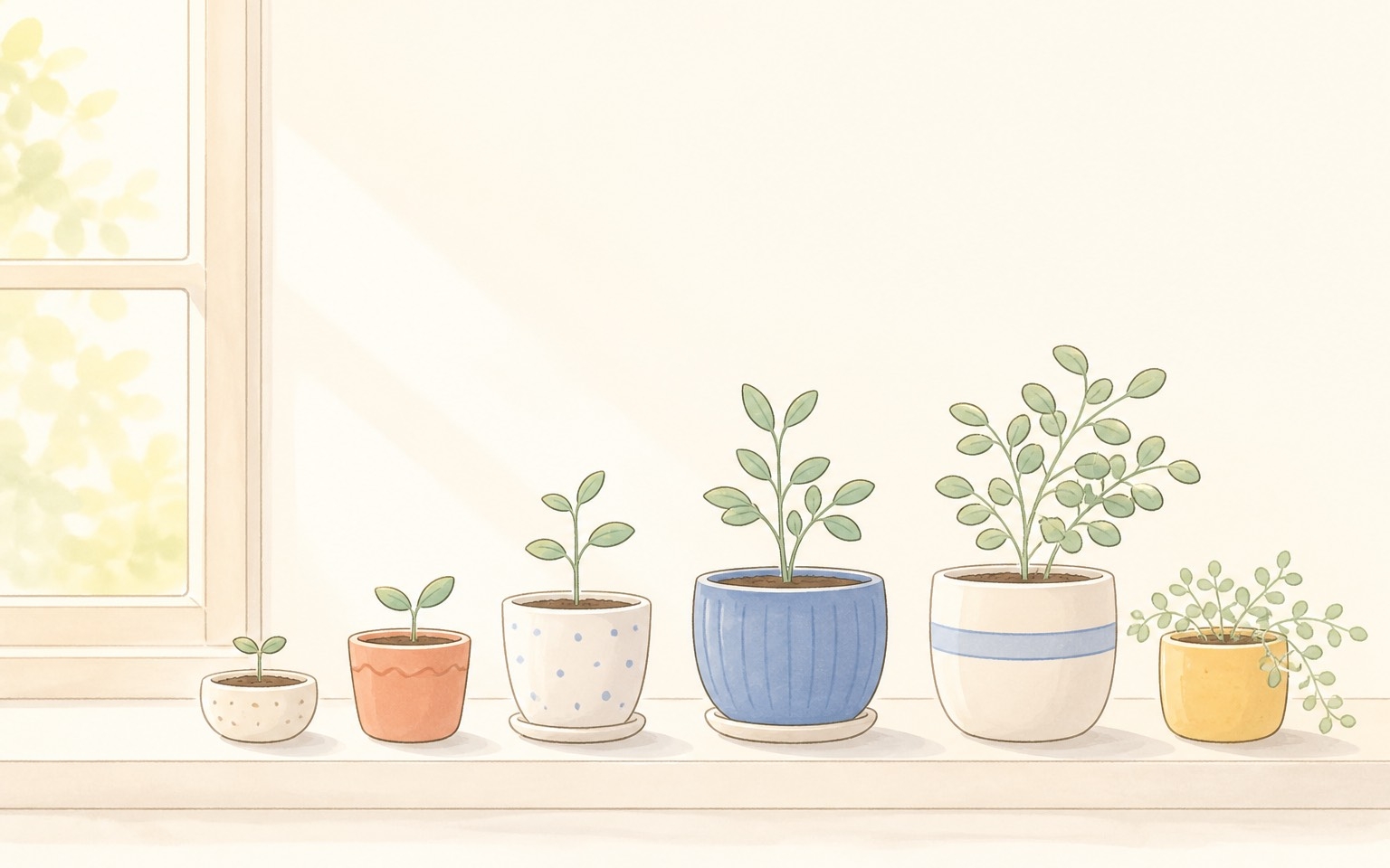 窓辺に大きさの違う小さな鉢植えが並び、それぞれ違う段階の芽がやわらかい朝の光を受けて育っているイラスト