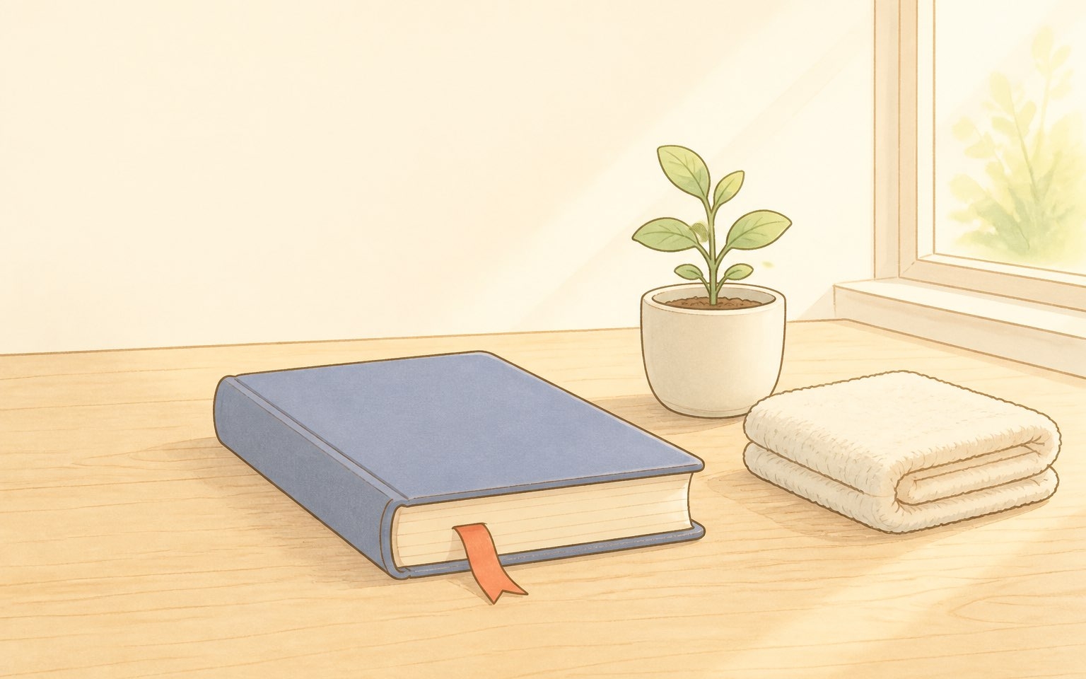 やわらかい光がさす机の上で、閉じた本にリボンの栞が挟まったまま静かに置かれ、そばに小さな鉢植えの芽とたたんだタオルが並んでいるイラスト