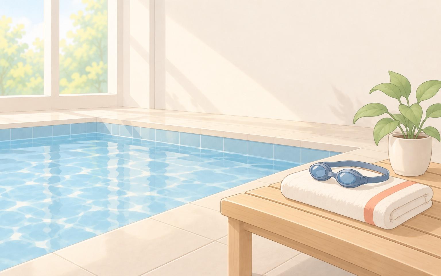静かな屋内プールのそばの木のベンチに、たたんだタオルとゴーグルが置かれ、水面にやわらかな光が映るイラスト