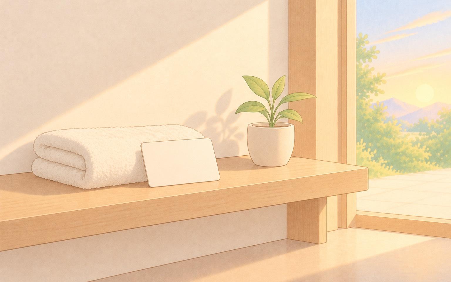 玄関の木の棚にたたんだタオルと会員カードが置かれ、そばの小さな鉢植えの芽に窓からやわらかな朝の光が差すイラスト