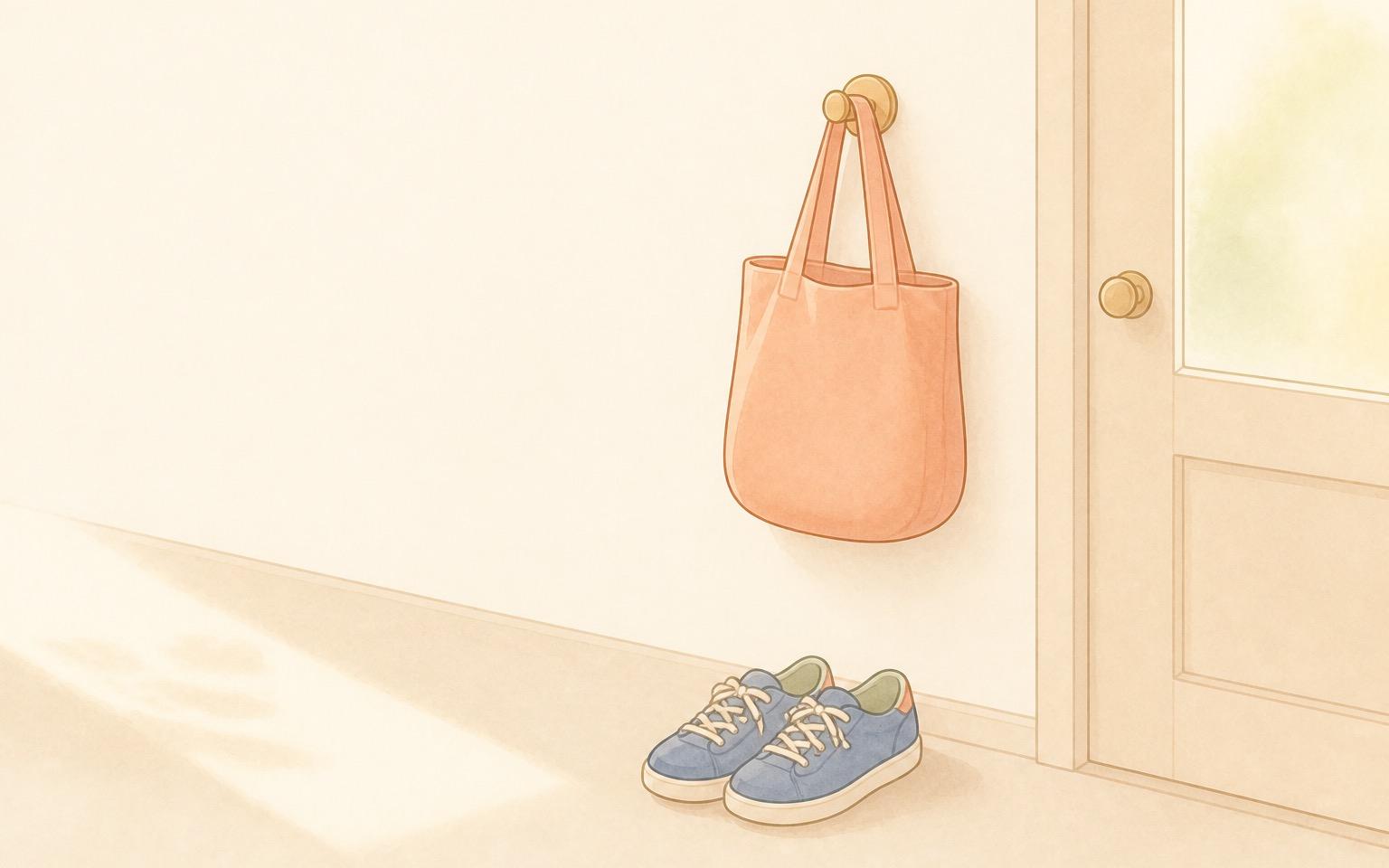 玄関のフックに掛かった小さなバッグとそろえて置かれた運動靴に、朝のやわらかい光が差しているイラスト