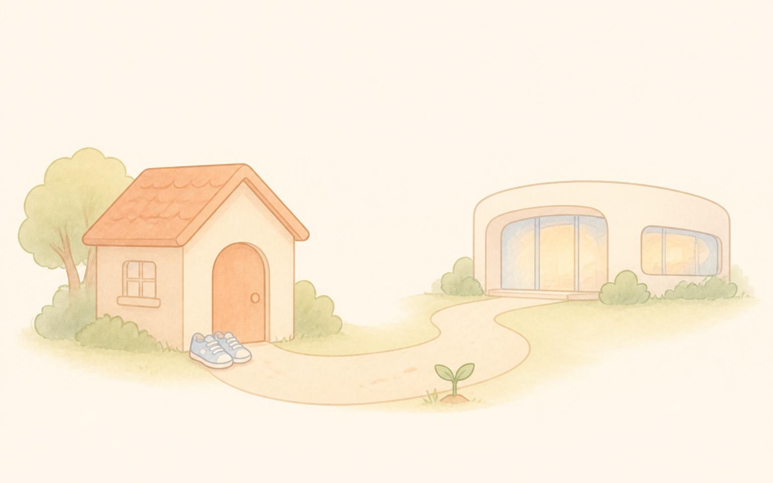 小さな家と近くのジムの建物を短い小道がつなぎ、道の入り口に運動靴と小さな芽が描かれた朝のイラスト